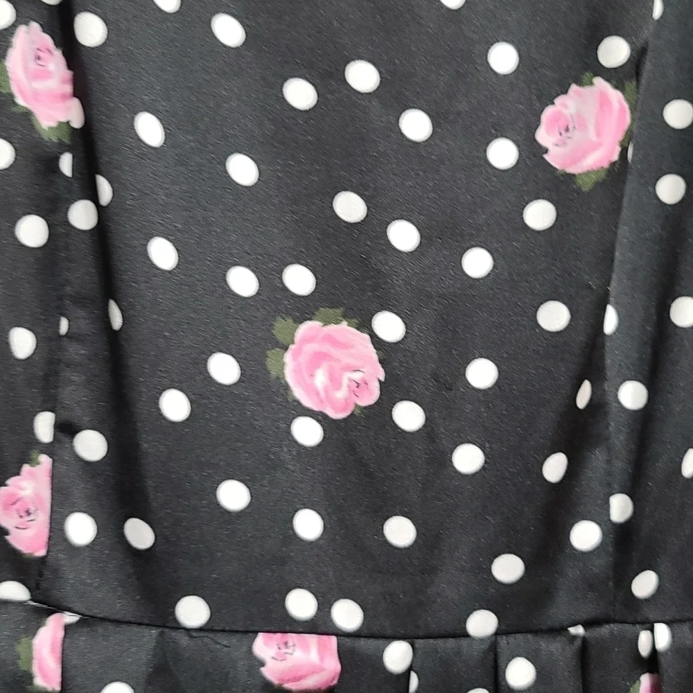 VTG‎ Petite Lanz USA Dress Black W/White Polka-dots/Pink Roses Pockets Sz 2 READ